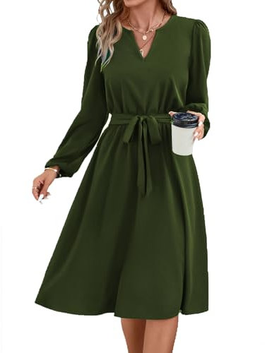 Yageshark Kleider für Damen Midikleid Langarm V-Ausschnitt Einfarbige Hemdkleid Elegant Casual Frauen Tunika Kleid (Armeegrün,XXL)