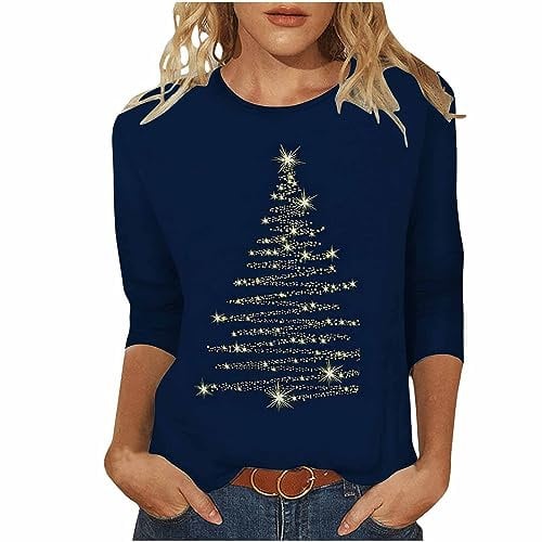 Christmas T Shirts for Women Crewneck Ladies Tops Casual 3/176 Sleeve Loose Shirts Xmas Tree Snowflake Elk Print Cute Blouse Graphic Tees Classic Chrismas Party Top UK