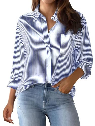 Chemisier Femme Chic Et éLégant, Chemise Femme Rayée Boutonnée Col Montant Chemise Ample DéContractée à Manches Longues avec Poches Haut De Chemise De Travail Classique, Bleu, XXL