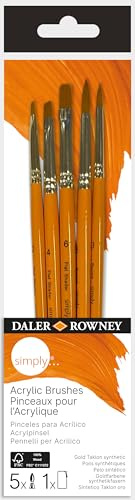 Daler-Rowney Simply Gold Taklon Synthetic Hair Acrylic Brush Set with Short Handles, 5 Assorted Brushes, For Entry-Level Artists & Hobbyists