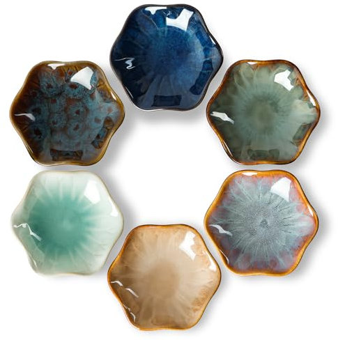 NUTRIUPS Mini Dipping Bowls 55ml Small Bowls for Dips, Snacks 10cm Ceramic Soy Sauce Dish, Set of 6 Flower Shape Design