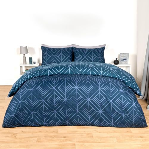 OHS Double Duvet Cover Set Isaac Geometric, Ultra Soft Cosy Fabric Modern Striking Bold Geometric Pattern Luxurious Quilt Duvet Set & 2 Pillowcases, Double-Navy