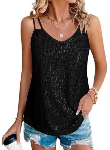 Suncife Damen Pailletten Oberteil Tank Glitzer Top Glitzertop Party Frauen, Schwarz, M