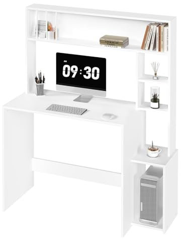 eSituro Schreibtisch, Computertisch mit 5 Regalen, Bürotisch weiß, Gaming Tisch mit Stauraum, PC Tisch für Home Office Büro Wohnzimmer, 113,5x139x45 cm