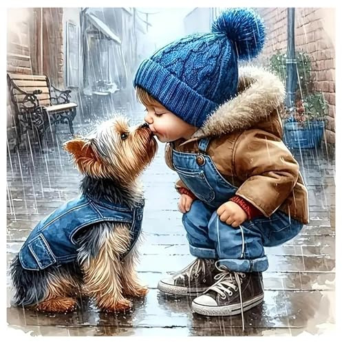 SHEGZHUC Diamond Painting Hund Yorkshire Kuss 30x30cm Mosaik Tiere Regen Kunst Stickerei Kreuzstich Geschenk Wanddekoration