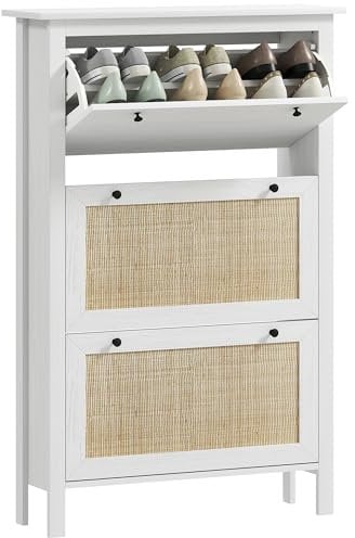 HOMCOM Schuhmöbel Eingang, Schuhschrank mit 3 Schubladen mit Klapptüren in Rattanoptik und verstellbarem Regal, Möbel für Eingang und Flur 18 Paare - 80 x 23,5 x 121,5 cm weiß