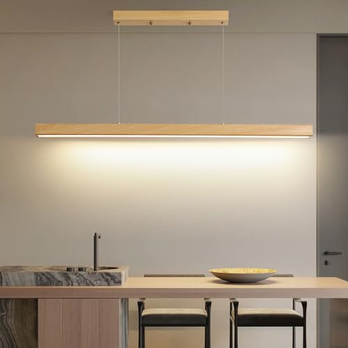 Mikeru LED Dimmbare Pendelleuchte, 120cm Hängeleuchte Modern Esszimmer 10% Bis 100% Holzmaserungstransfer Pendelleuchten Höhenverstellbar mit Speicherfunktion 3000k/4500k/6500k für Küche