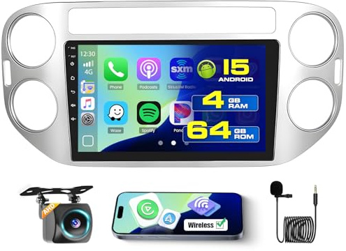 Roinvou 4+64G Radio Coche 2 DIN para VW Tiguan 2006-2016 Carplay Inalámbrico Android Auto, Android Pantalla Radio Coche 9 Pulgadas MirrorLink Bluetooth WiFi GPS 32EQ RDS/FM SWC Cámara