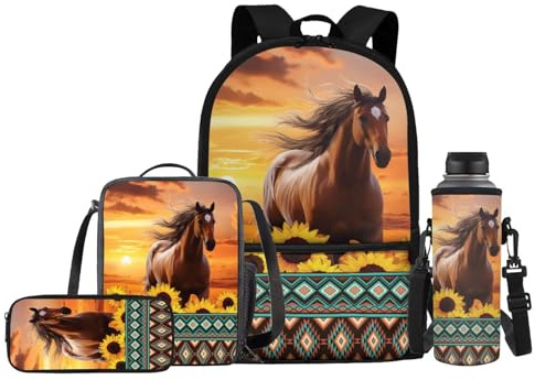 Fishisbird Kinder-Rucksack und Lunchbox-Set, leicht, 43,2 cm, Schultasche mit Federmäppchen und Wasserflaschenhalter, Azteken-Sonnenblumen-Wolf, Einheitsgröße