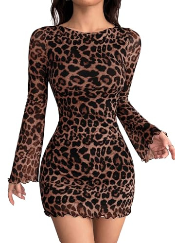 SweatyRocks Women's Long Sleeve Leo Dress Y2K Mini Dress Leopard Print Mesh Long Sleeve Dress Leprint Dresses Bodycon Party Dress with Bell Sleeves