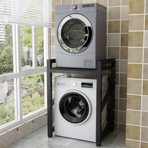 TWSOUL Estantería para lavadora, altura ajustable, torre de lavado con espacio para dos electrodomésticos, secadora para lavadora, negro