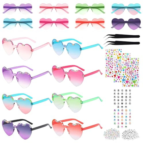 Bailtouk 8 Pcs Heart Glasses, Funny Heart Sunglasses, DIY Party Sunglasses with Letter Beads and Rhinestones Colorful Festival Glasses Birthday Party Accessories Party Glasses for Kids and Adults