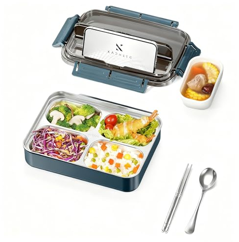 Fhlprte Auslaufsichere-Lunchbox,Brotdose aus Edelstahl,1200ML 10.23 * 7.48 * 2.55 in,Lunchbox mit 4 Fächern,inkl. Suppenschüssel & Besteckset,Bento Box zum Wandern/Reisen/Schule/Büro (Blau)