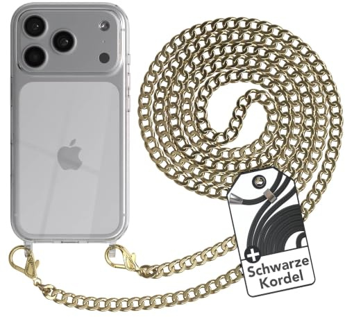 EAZY CASE Handykette kompatibel mit iPhone 17 Pro Handyhülle mit Metall Umhängeband und Ersatz Kordel schwarz, Handykordel mit Schutzhülle, Stylische Kette, Metall - Gold