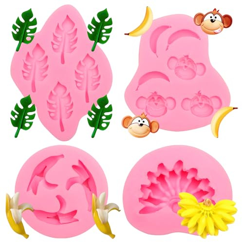 Affen- und Bananen-Silikonformen, 3D-Formen, 4er-Set | Bananen- und tropische Monstera-Blätter, Für Fondant, Sommer-Motive, Schokoladenkuchen-Dekorationen, Cupcake-Topper