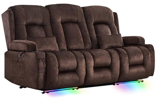 SnyFivv Elektrischer Relaxsessel mit Liegefunktion, Dreisitzer Fernsehsessel mit Konsole TV Sessel Heimkino mit Heizung & Vibrationsmassage | USB & Type C | Getränkehalter | Samt (Dunkelbraun)