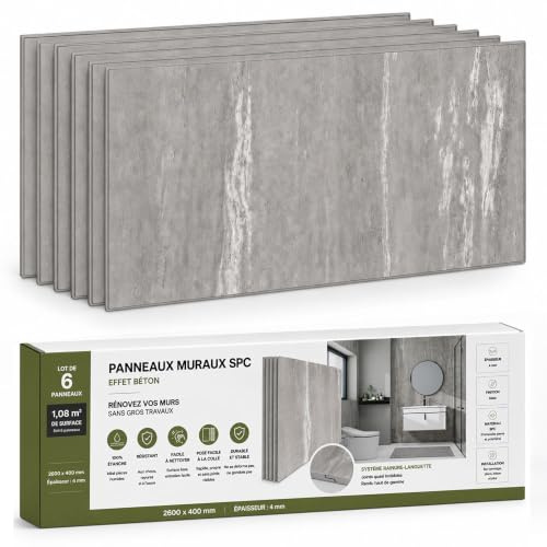 MURS 3D Panneau Mural Salle de Bain et Douche Étanche Effet Béton Gris - Carrelage Mural à Coller/Revêtement Crédence Cuisine - 6 Dalles SPC 60x30 cm (1,08 m2)