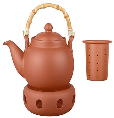 Aricola Ton Teekanne Tenno 1,1 Liter mit Tonsieb, Bambushenkel und Stövchen. Handgefertigt, Original