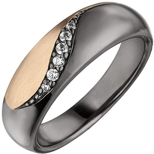 Jobo Damen Ring 925 Sterling Silber schwarz und roségold bicolor 6 Zirkonia Größe 60