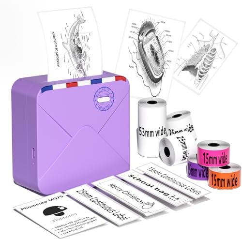 Phomemo M02S Mini-Fotodrucker Wireless Bluetooth 300dpi Tragbarer HD-Druck mit wiederaufladbarem Akku, Geeignet für Journal Organisationsfotos, Kompatibel mit iPhone & Android, Lila, 6 Etikettenrollen