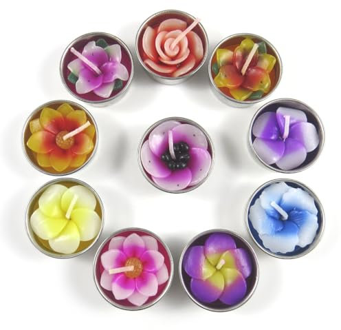 Teelichter und Nachfüllpackungen für Kerzenhalter mit 10 Duftkerzen in Blumenform (Hibiskus, Lilie, Sakura, Lotus, Rose, Frangipani)