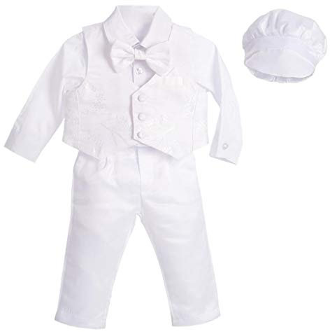 Lito Angels - Completo Abito Bianco da Battesimo per Bimbo, 5 Pezzi Set (Gilet, Camicia, Pantaloni, Papillon e Cappello), Taglia 3-6 Mesi, Manica Lunga, Floreale (Etichetta in Tessuto XS)