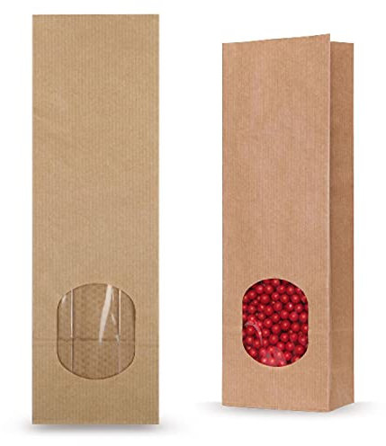 SmartPack 90 x braune Papiertüten mit Fenster, Größe 20 x 7 x 4 cm, Blockbodenbeutel mit Fenster, Papiertüten für Tee, Kekstüten, Verpackungen für Lebensmittel, Papiertüten für Gewürze