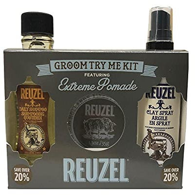 Reuzel Extreme Hold Set - Groom Try Me Kit - Extreme Hold Matte Pomade - Haarstylingset & Reiseset: Extreme Hold Matte Pomade 35g, Daily Shampoo 100ml, Clay Spray 100ml