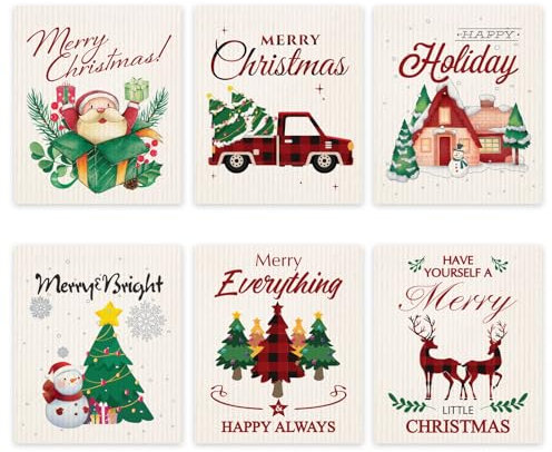 6 Pieces Christmas Swedish Dishcloths Durable XMAS Swedish Cleaning Cloths Absorbent Fast Dry Kitchen Towels for Christmas Cleaning Cloths for Kitchen Bathroom Office Wedding Housewarming