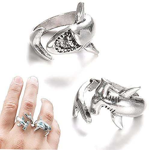 HZXY 2 Stück/Set einfache, verstellbare Metalllegierung, offene Ringe, weißer Hai und Hammerkopf, Haifisch-Ringe, Ozean-Tier-Persönlichkeit, Schmuck für Unisex-Party-Geschenk