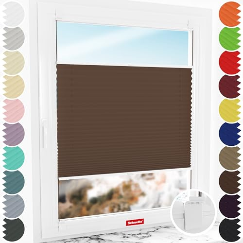 Schuette® Plissee ohne Bohren zum Kleben ● Premium Kollektion: Hot Chocolate (Dunkelbraun) ● 80x150cm (Breite x Höhe) ● Suprafix Klebe- & Schraubhalter 2in1 Set Letsbond ● Bequeme Rollo