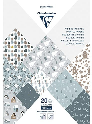 Clairefontaine 95282C - Block mit 20 Blatt bedruckte Papiere, DIN A4, 21x29,7cm, 200g, Polarweihnacht, 1 Pack