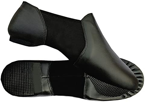 Slip On Jazz Dance Shoes Soft Leather Split Sole - Modern Stage Neoprene Dance Shoes Rubber Heel Black