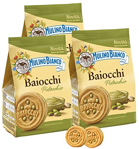 3X Mulino Bianco Baiocchi Biscotti Farciti con Crema al Pistacchio, Busta Nuovo Formato da 240gr [3 Confezioni]