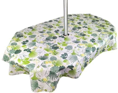 Karina Home Oval Outdoor Garden Tablecloth with Parasol Umbrella Hole Tropical Flowers and Birds Green Garden Wipe Clean Oval (180 x 140cm)
