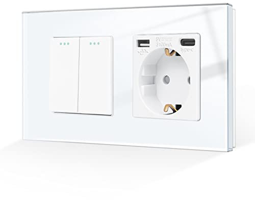 CNBINGO Interruttore della luce con presa USB, presa Schuko in vetro da incasso con connettore USB e porta di tipo C (3,1 Amp totale), interruttore luce a levetta, interruttore bianco a 2 scomparti,