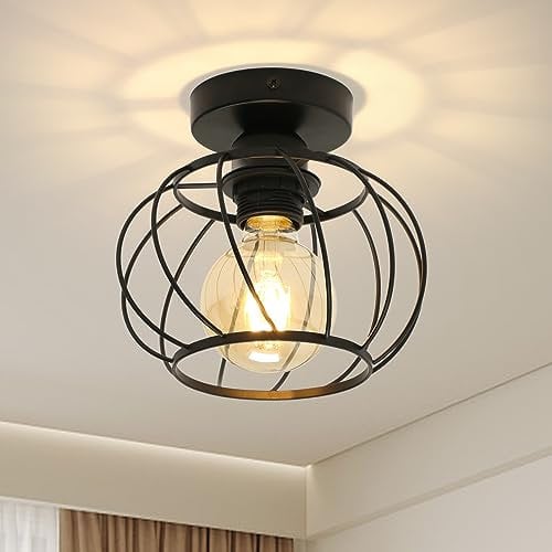 Pheashine Industrial Ceiling Light Semi Flush Mount Ceiling Light Metal Cage E27 Black Ceiling Lights for Living Room, Hallway, Kitchen, Bedroom, Porch