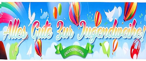 Jugendweihe Deko, 270x40 cm Banner and 20 Stück Luftballons, Alles gute zur Jugendweihe Endlich Erwachsen Banner, Hängende Dekoration für Mädchen Jungen Party Foto Hintergrund (270x40cm)