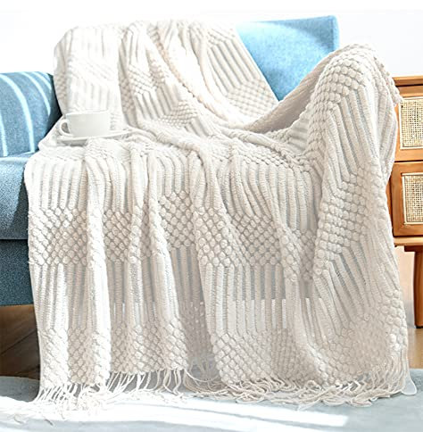 Hayisugal Tagesdecke Wohndecke Boho Decke weich Gestrickte Decke Wendedecke Kuscheldeck Sofadecke Couchdecke überwurf Decke, Beige, 150 x 240cm