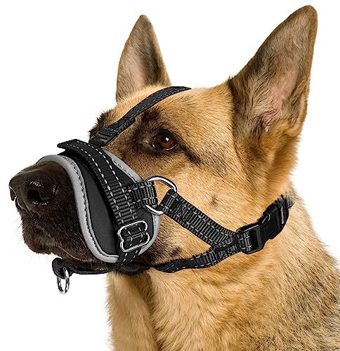 Nasjac Hundemaulkorb - Weicher Nylon-Maulkorb für kleine, mittelgroße Hunde - Verstellbare reflektierende Hundemaulabdeckung mit Verbindungsriemen verhindert Beißen, Bellen, Kauen
