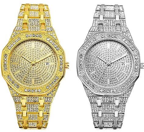 JewelryWe Uhren Herren Damen Strass Iced-Out - 2pcs Gold/Silber Bling Diamant Analog Quarz Armbanduhr mit Metall-Armband und Achteckigem Gehäuse Luxus Glitzer Strass Kristall Uhr für Männer Frauen