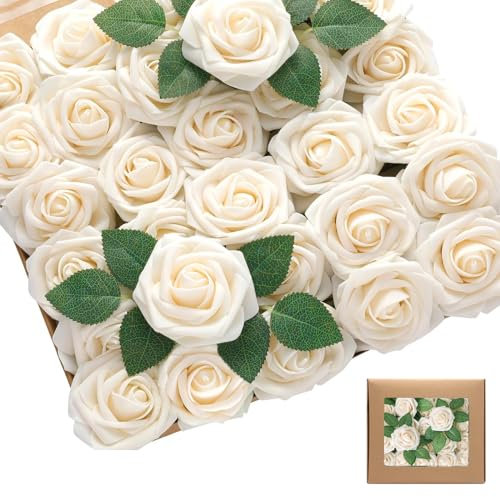 SVUPUE Künstliche Blumen Rosen, 25 Stück Kunstblumen Rosenköpfe mit Blatt, mit Stielen Schaumstoff-Rosen, Einzelne Langstielige Blumen, für DIY Hochzeitsstrauß, Valentinstagsgeschenk, Champagner Weiß