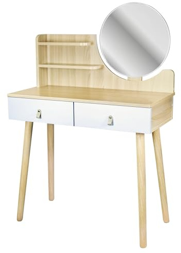 JUMI Modern Schminktisch 80 cm breit mit Spiegel Rund 40 cm - Aesthetic Make Up Tisch mit Praktische Regale, Frisiertisch, Skandinavischer Stil: Holz, dekorative Schubladenknöpfe