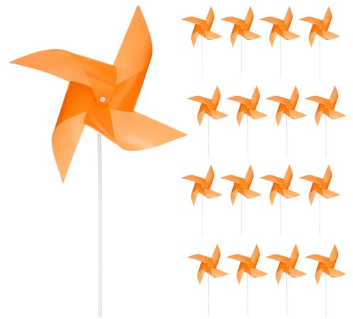 sourcing map 25 Stück Windmühlen für den Garten 17 x 11 4 Blätter Windräder Winddichte wasserdichte Vogelabwehr mit Stangen für die Terrassendekoration, Orange