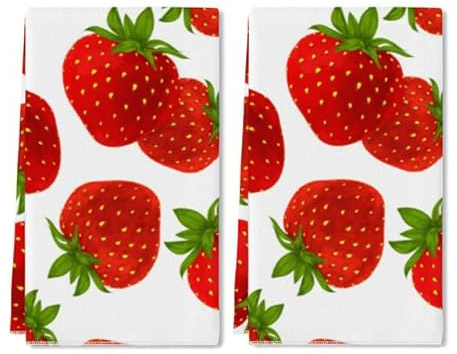 Geroclonup Erdbeer-Küchenhandtuch-Set, 2 Stück, Baumwoll-Geschirrtücher zum Trocknen von Geschirr, 40 x 60 cm, Küchenhandtücher, saugfähige Geschirrtücher, Geschirrtücher für die Küche, schnell