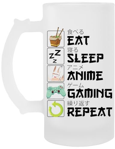 Genérico Eat Sleep Anime Gaming Vaso De Cerveza Transparente Con Asa