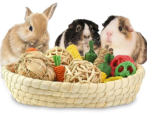 Wookiwuki Rabbit Toys 13Pcs, Natural Hay Hamster Chew Toys for Teeth, Handmade Apple Wood Sticks Guinea Pig Bunny Toys
