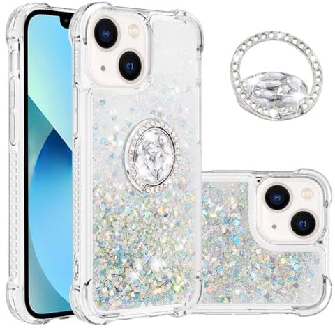 IMEIKONST iPhone 14 Plus Glitter Case with Diamonds Ring Kickstand, Liquid Sparkle Sequin Transparent for Girls Women Silicone TPU Bumper Shockproof Cover for iPhone 14 Plus. Love Silver YBZ