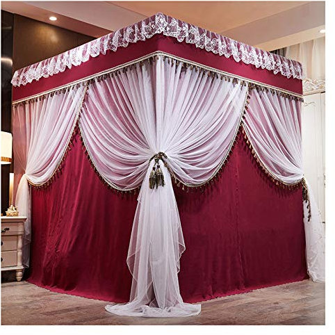 Prinzessinnen-Betthimmel für Schlafzimmer, 4 Eckvorhänge, verschlüsseltes Doppel-Moskitonetz mit staubdichten Dachvorhängen für Kingsize-Bett (Größe: 180 × 220 × 200 cm, Farbe: Rot).