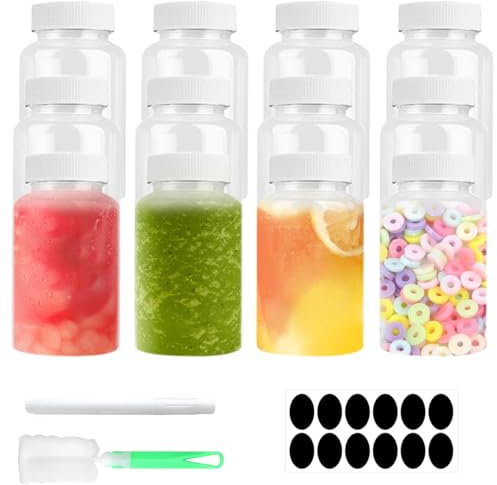 Demarsen 12 Pièces Petite Bouteille Plastique 80 ml, Bouteille de Voyage Portables avec Couvercles, Reutilisable Transparent Bouteilles de Jus pour Boissons Smoothies Liquide Poudre Médicament